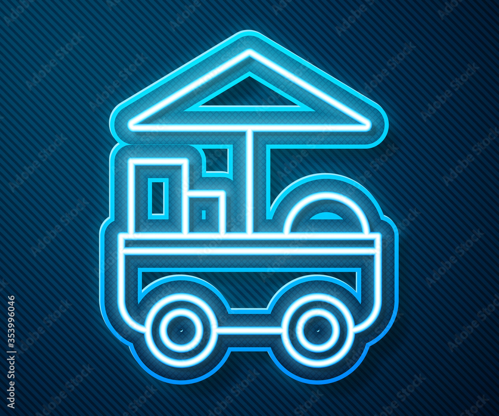 Glowing neon line Fast street food cart icon isolated on blue background. Urban kiosk. Vector. Illus