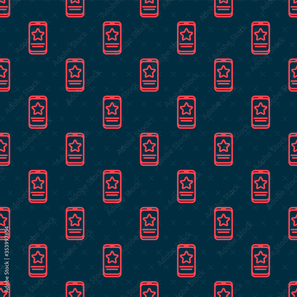 Red line Mobile phone with review rating icon isolated seamless pattern on black background. Concept