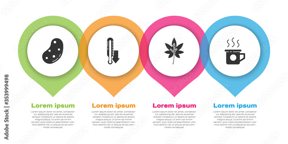 设置土豆、气象温度计、树叶和一杯茶。商业信息图模板.V