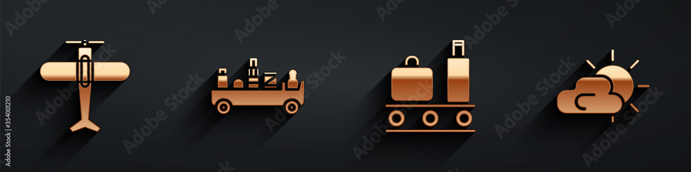 Set Plane, Airport luggage towing truck, Airport conveyor belt with suitcase and Sun and cloud weath