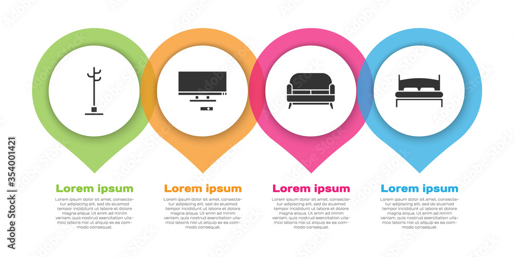 套装衣架、智能电视、沙发和大床。商业信息图模板。矢量。
