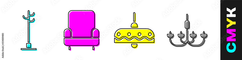 设置衣帽架、扶手椅、吊灯和吊灯图标。矢量。