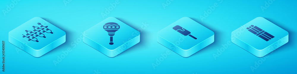 Set Isometric Christmas lights, Maracas, Gift box and Ice cream icon. Vector.