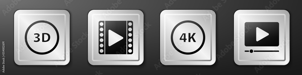 Set 3D word, Play Video, 4k Ultra HD and Online play video icon. Silver square button. Vector.