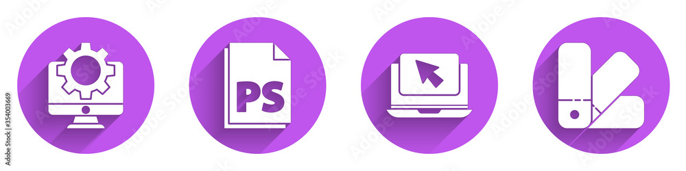 Set Computer monitor and gear, PS File document, Laptop and cursor and Color palette guide icon with