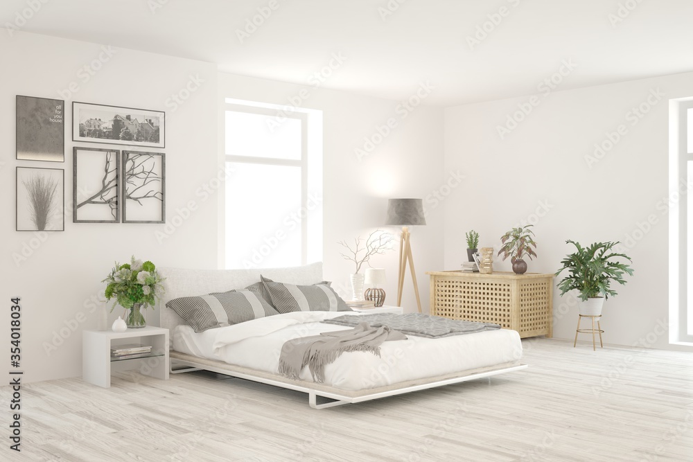 White bedroom interior. Scandinavian design. 3D illustration