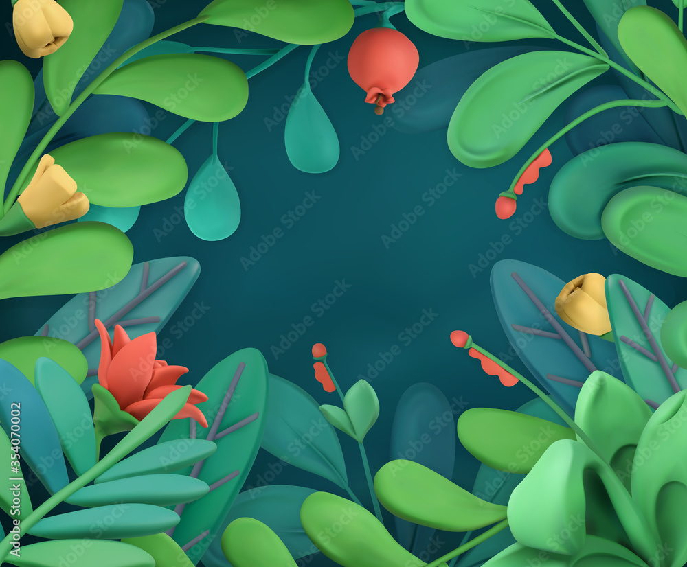 Abstract plants and flowers frame. 3d plasticine art vector illustration