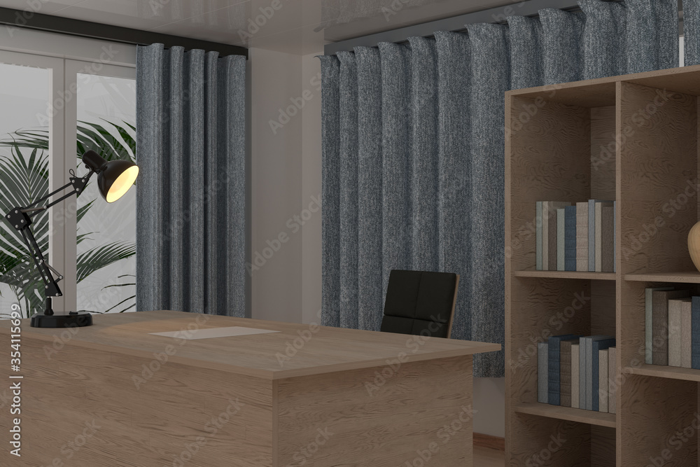 Private work place with wooden desk and decorative lamp, 3d rendering.