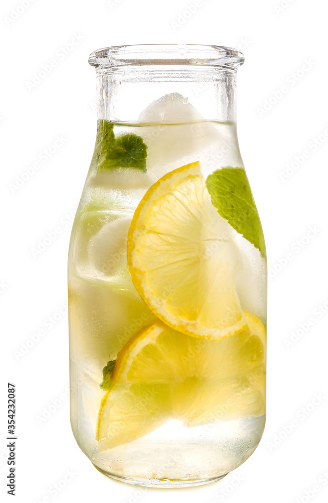 Bottle of fresh lemonade on white background