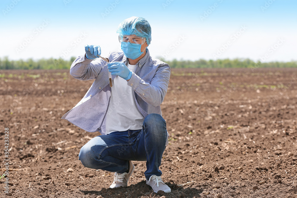 科学家研究田间土壤样本