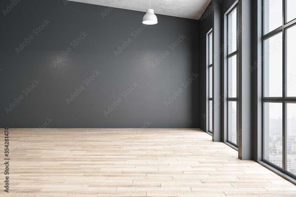 Contemporary gallery interior with blank gray wall