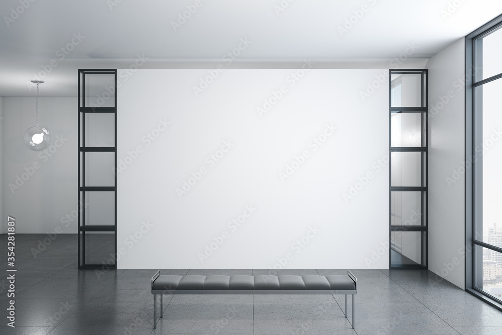 Exhibition interior with blank concrete wall and bench.