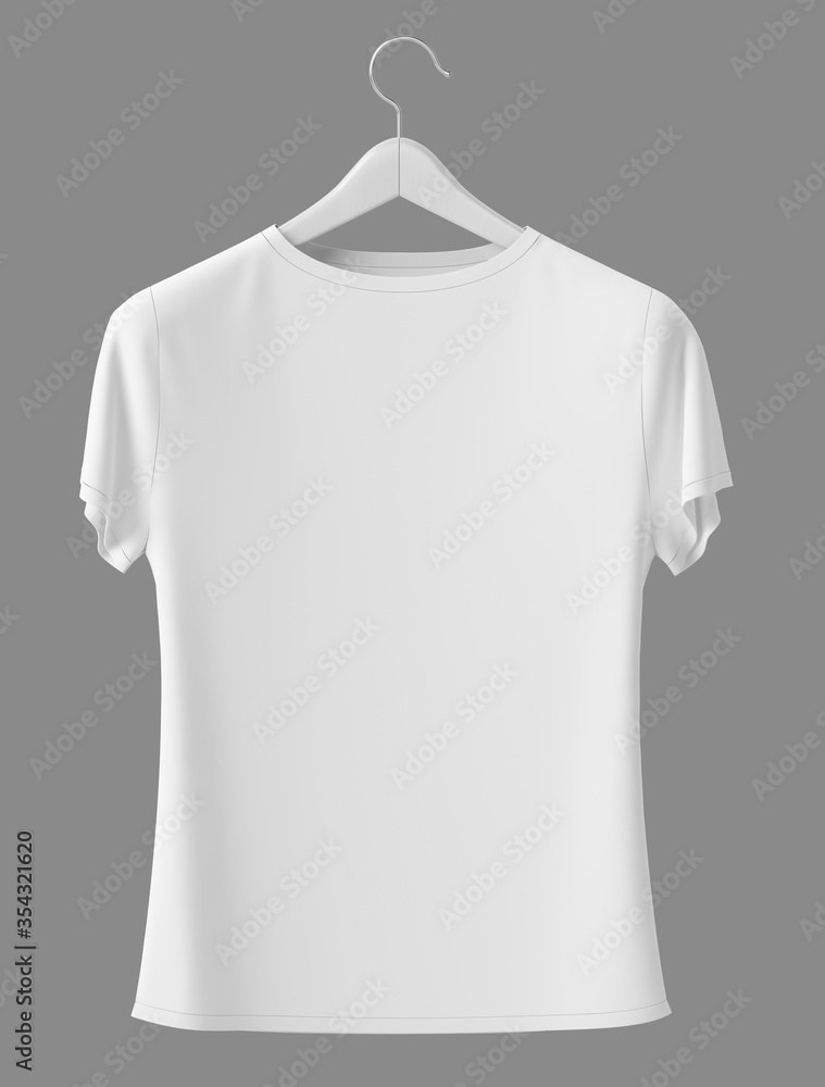 Blank white T-shirt on hanger isolated on gray background - Mock-Up template for your design. 3d ren