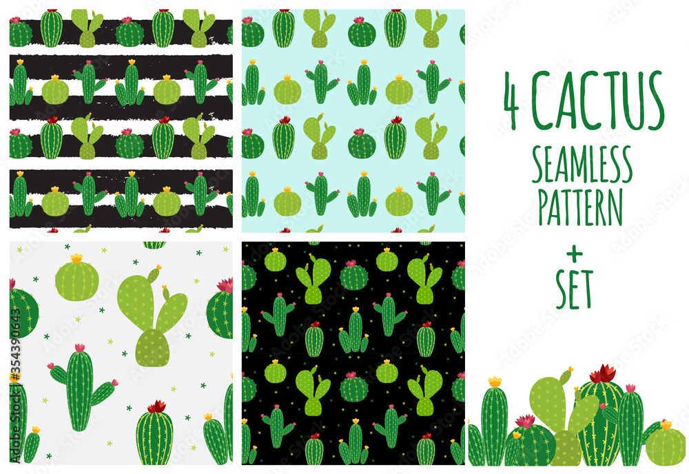 Cactus Icon Collection Seamless Pattern Background Vector Illustration