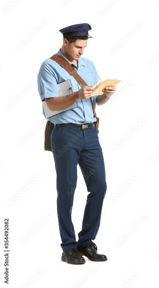 Handsome young postman on white background