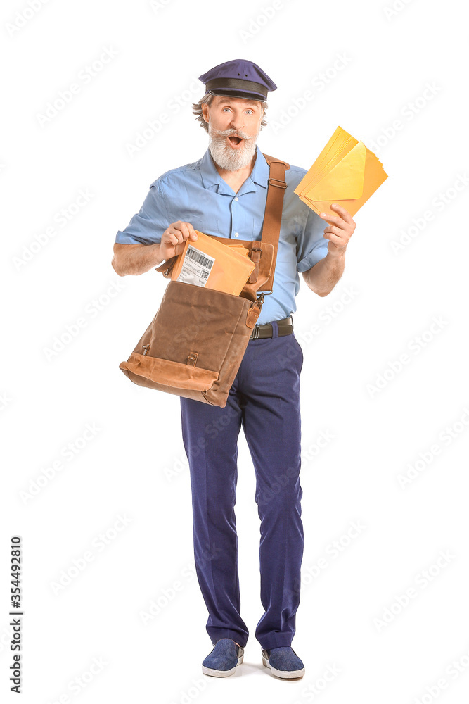 Surprised old postman on white background