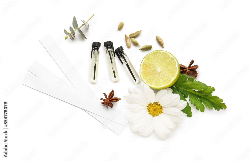 Perfume samples on white background