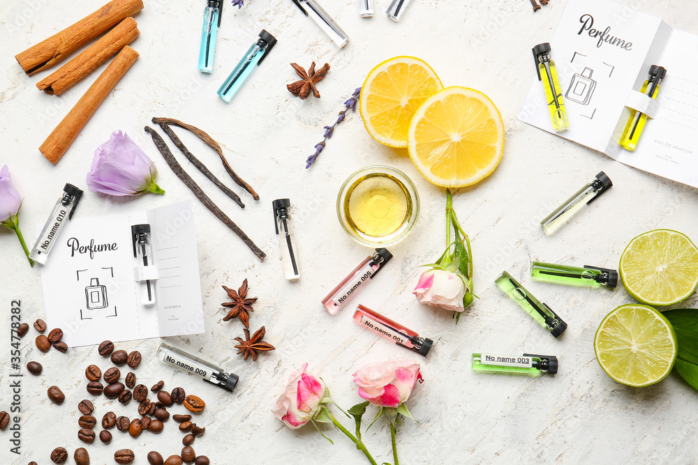 Perfume samples on light background