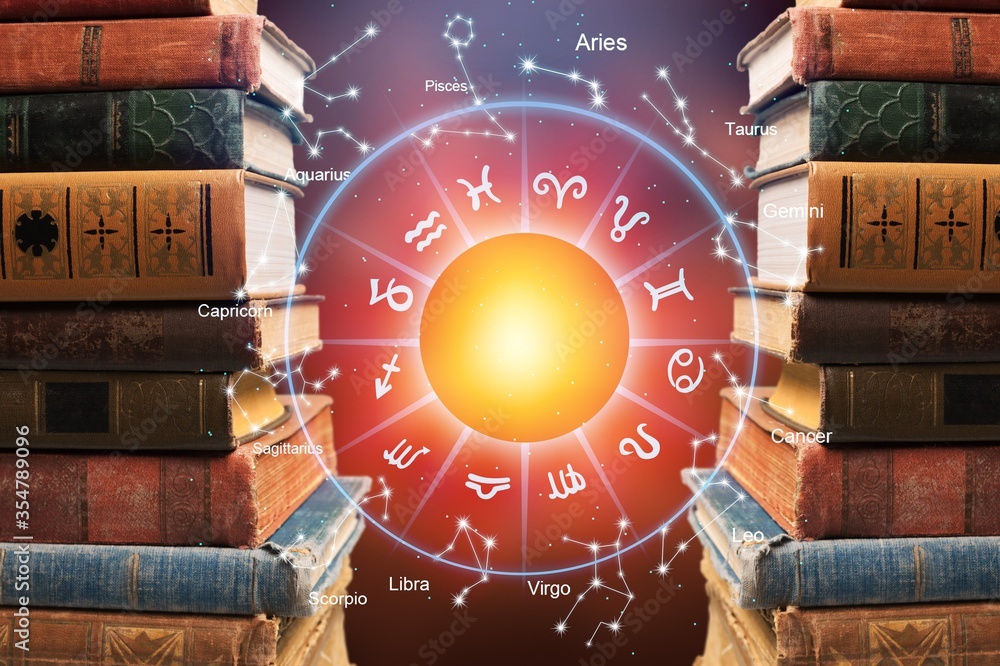 Horoscope astrology zodiac illustration with old book