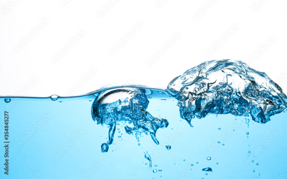 Water and blue bubbles on a white background