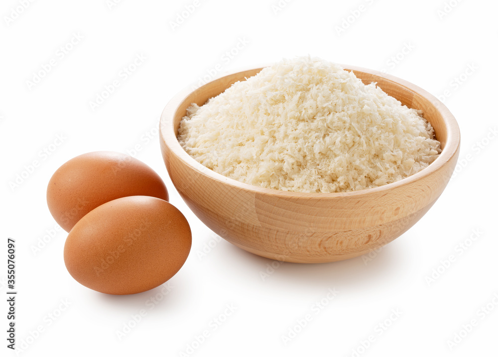 Crumbs and eggs on a white background