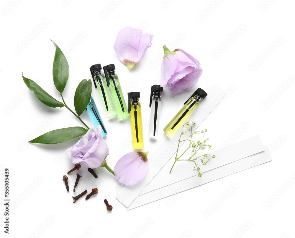 Perfume samples on white background