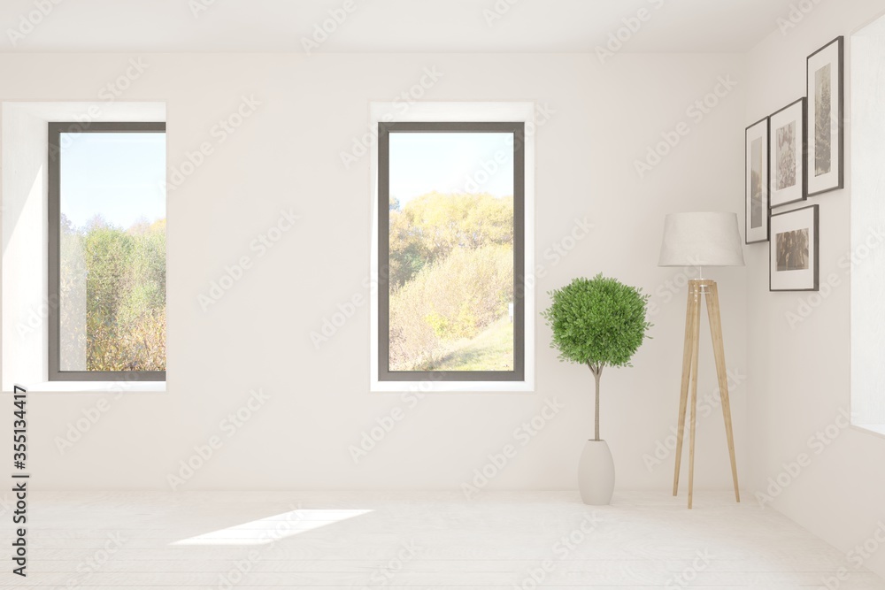 White stylish empty room with autumn landscape in window. Scandinavian interior design. 3D illustrat