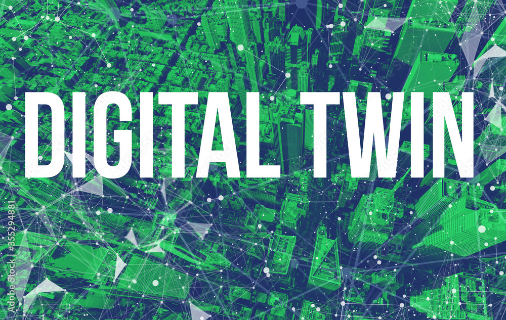 Digital Twin theme with abstract network patterns and Manhattan NY skyscrapers