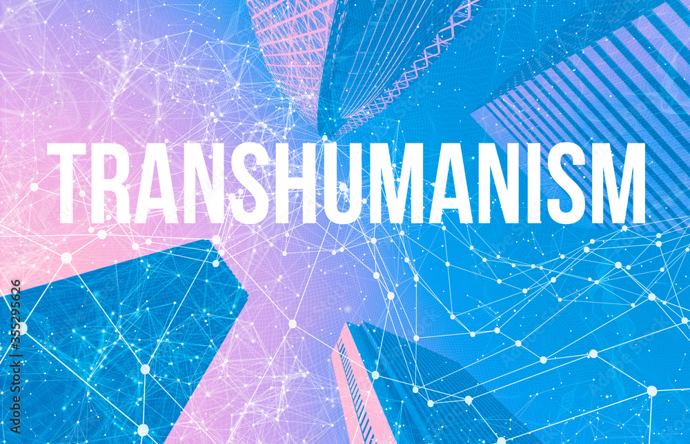 Transhumanism theme with abstract network patterns and skyscrapers