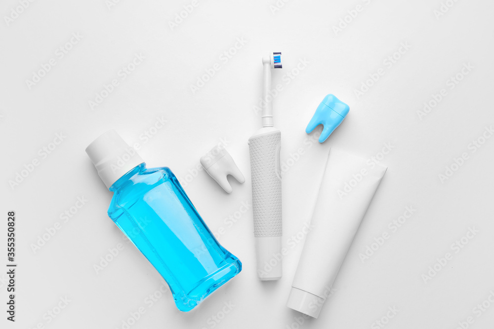 Set for oral hygiene on white background