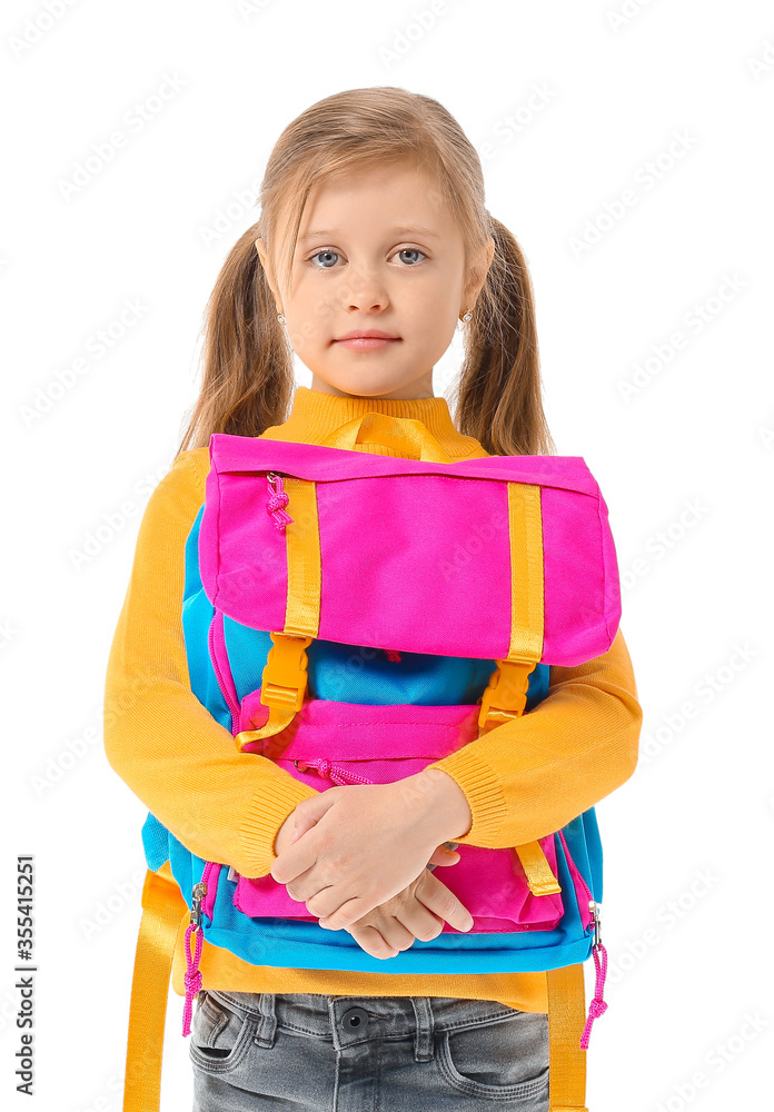 Cute little schoolgirl on white background