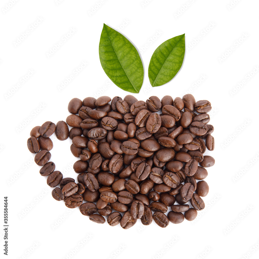 Roasted coffee beans with coffee leaves in the shape of a cup studio shot isolated on white backgrou