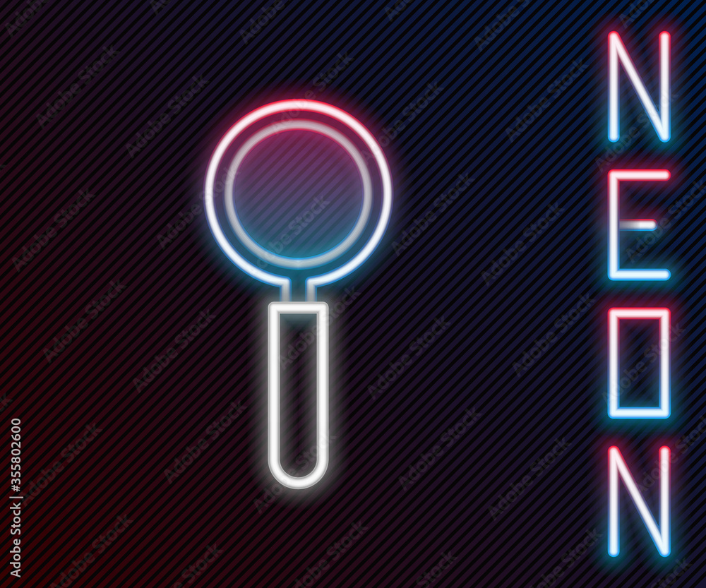 Glowing neon line Magnifying glass icon isolated on black background. Search, focus, zoom, business 