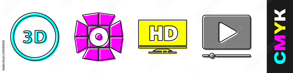 设置3D单词、电影聚光灯、带高清视频的智能显示器和在线播放视频图标。矢量