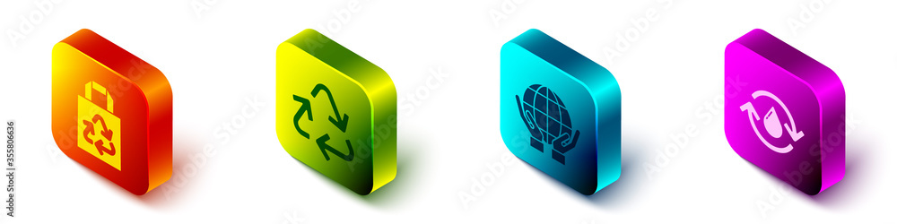 Set Isometric Paper bag with recycle, Recycle symbol, Hands holding Earth globe and Recycle clean aq