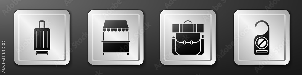 设置手提箱、带遮阳篷的街头摊位、徒步背包和请勿打扰图标。银色广场