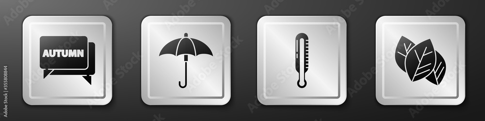 Set Speech bubble with text autumn, Umbrella, Meteorology thermometer and Leaf or leaves icon. Silve