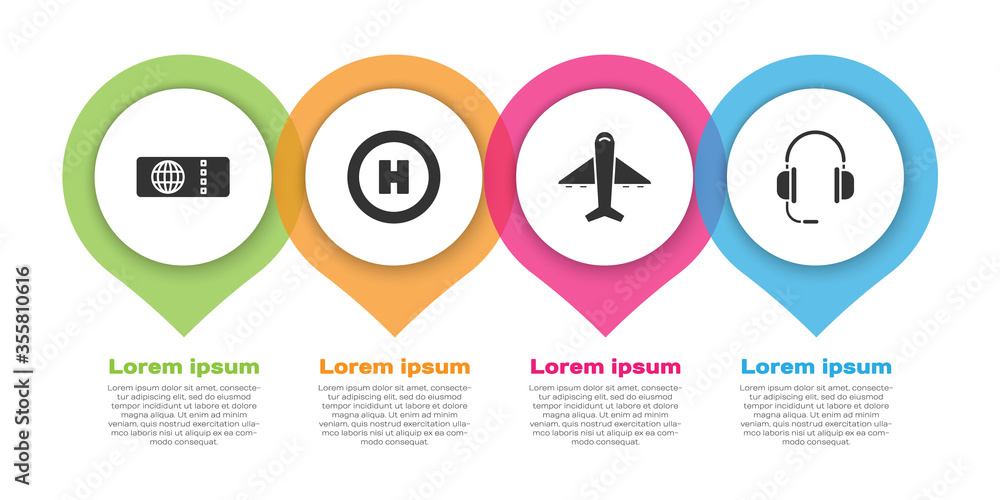 设置机票、直升机停机坪、飞机和带麦克风的耳机。商业信息图