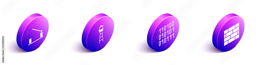 Set Isometric Parking car barrier, Watch tower, Binary code and Bricks icon. Vector