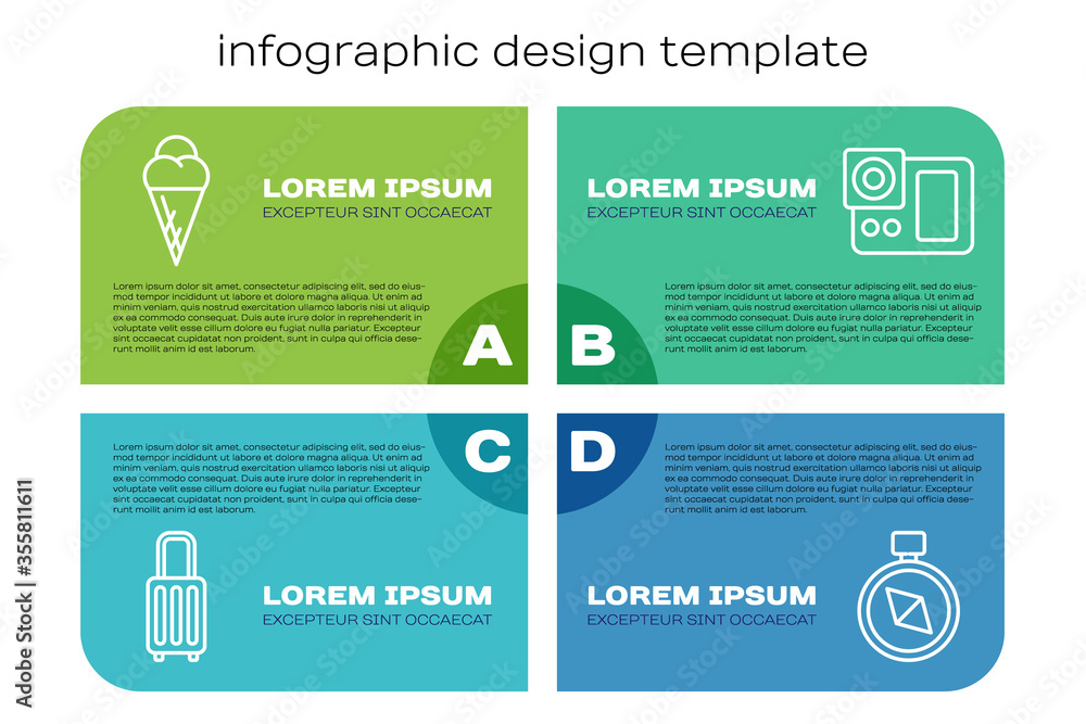 Set line Suitcase, Ice cream in waffle cone, Compass and Photo camera. Business infographic template