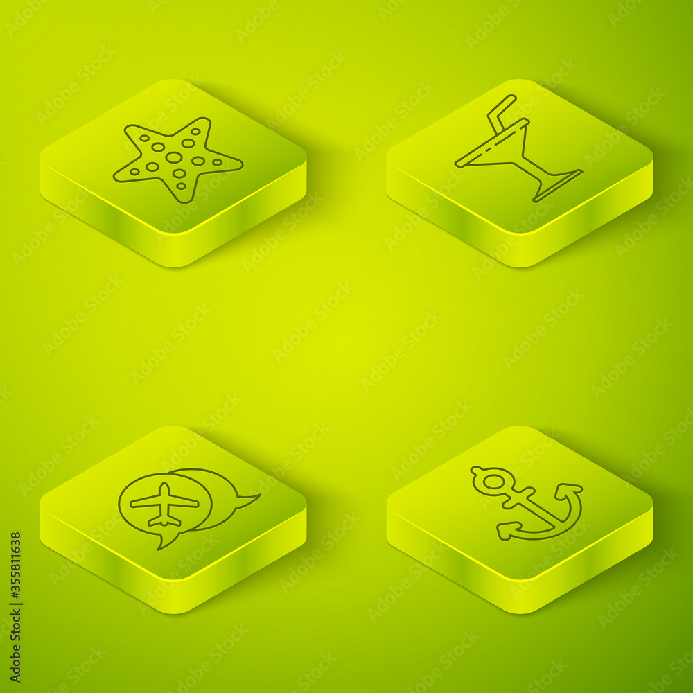 Set Isometric Martini glass, Speech bubble with airplane, Anchor and Starfish icon. Vector