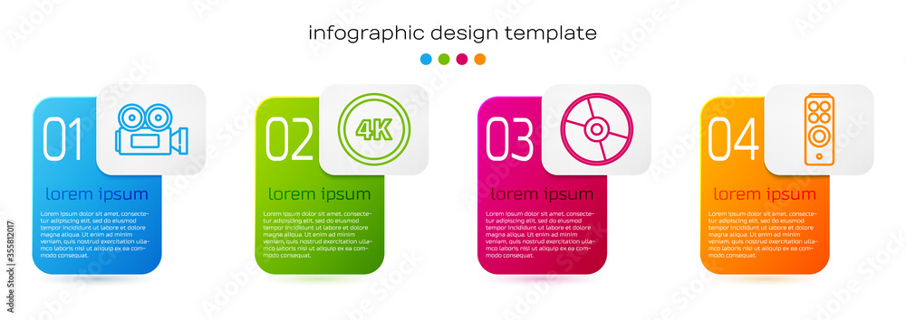 Set line Cinema camera, 4k Ultra HD, CD or DVD disk and Remote control. Business infographic templat