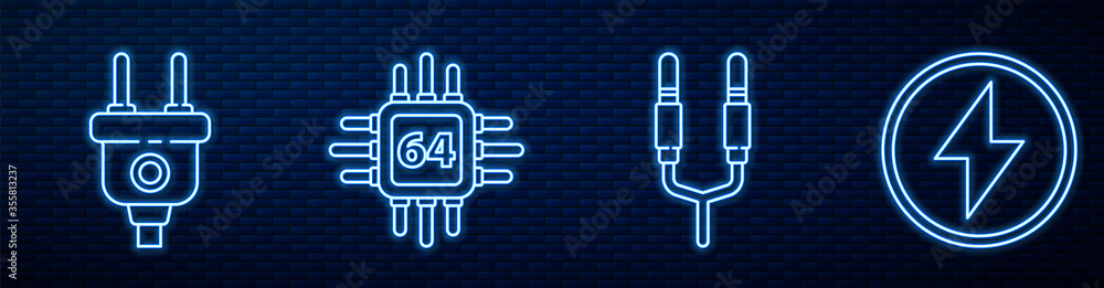 设置线路音频插孔、电气插头、带微处理器的处理器、CPU和闪电。Glowing neo