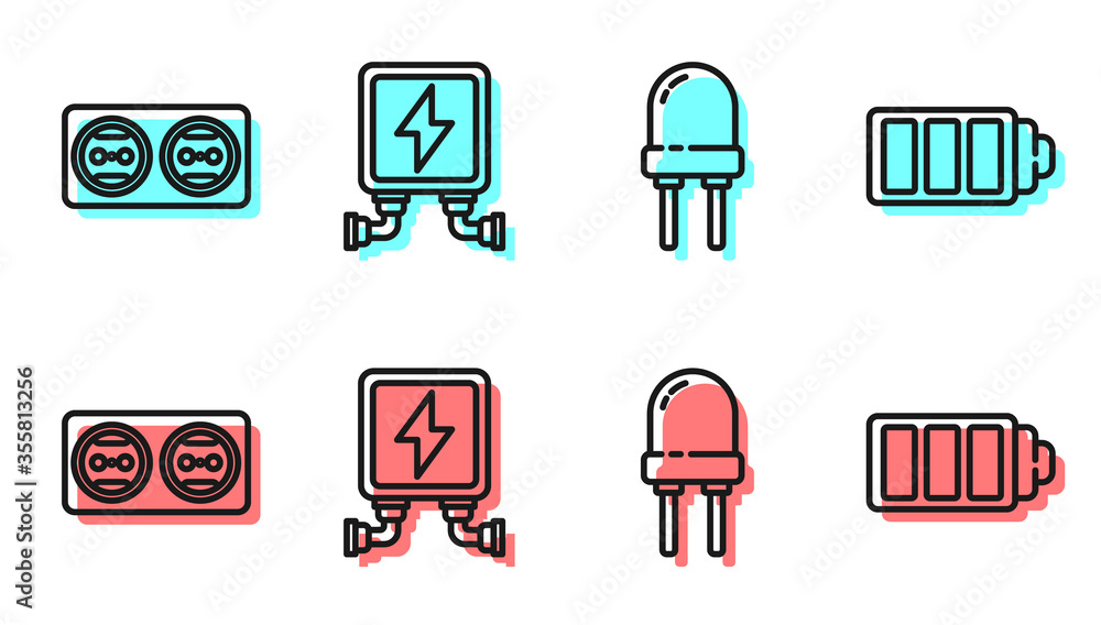 Set line Light emitting diode, Electrical outlet, Electric transformer and Battery charge level indi