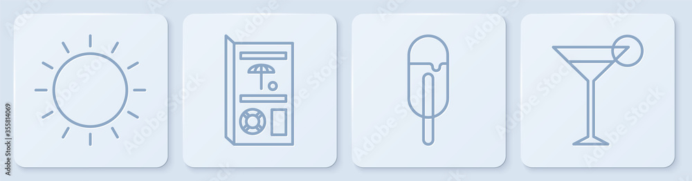 日落、冰淇淋、旅游手册和马提尼酒杯。白色方形按钮。矢量
