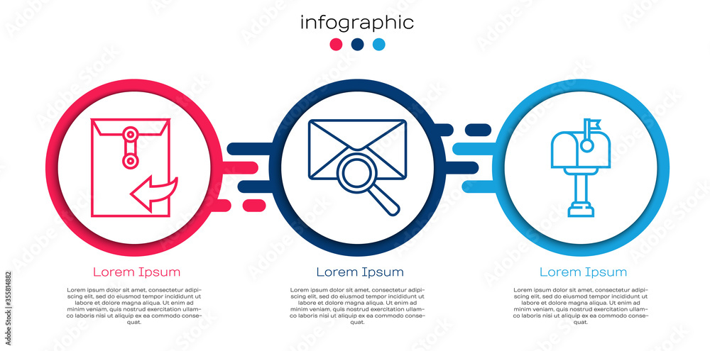 整行信封，带放大镜的信封和邮箱。商业信息图模板。Vecto