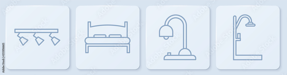 设置线路Led轨道灯和灯具，台灯，大床和淋浴。白色方形按钮。矢量