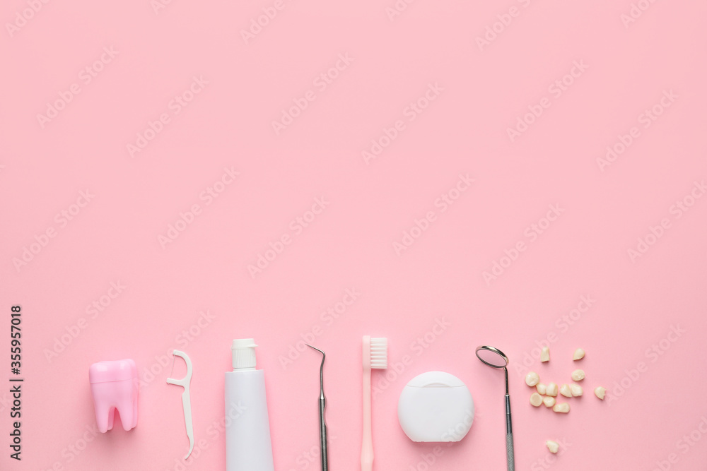 Set for oral hygiene on color background