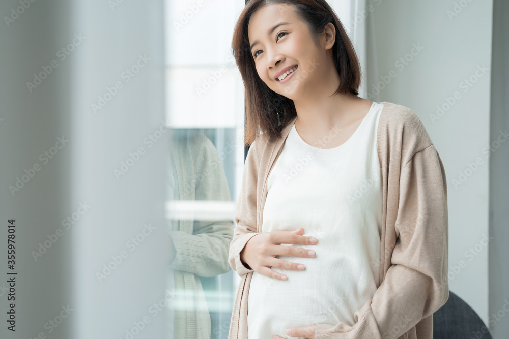 年轻的亚洲怀孕女孩在家里看着外面的肖像