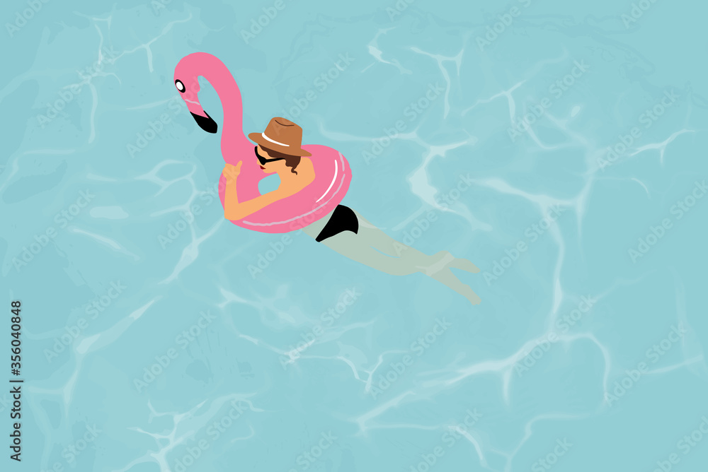 Woman with inflatable flamingo in the swimming pool. Concept of a summer vacation. Vector illustrati